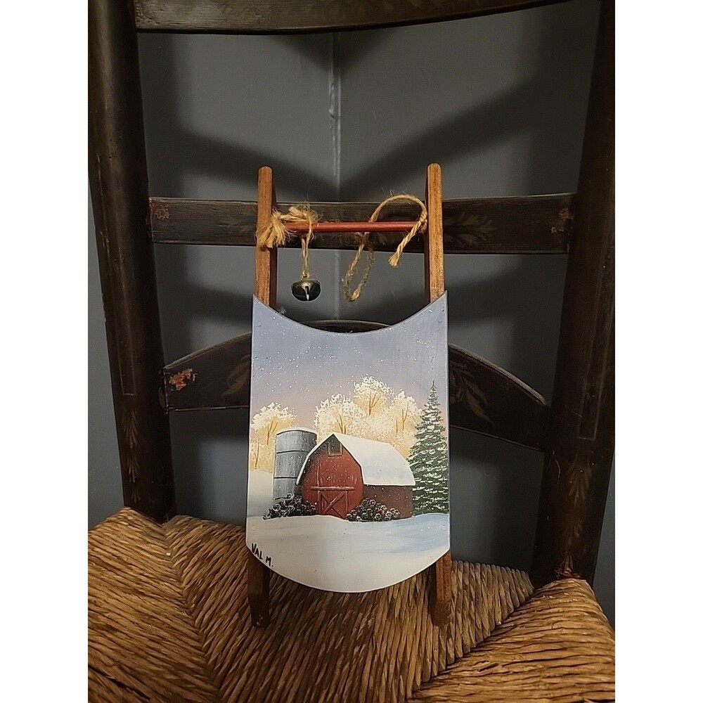Handpainted Sled Red Barn Winter Scene Signed Rustic Farmhouse Snow Bells Art